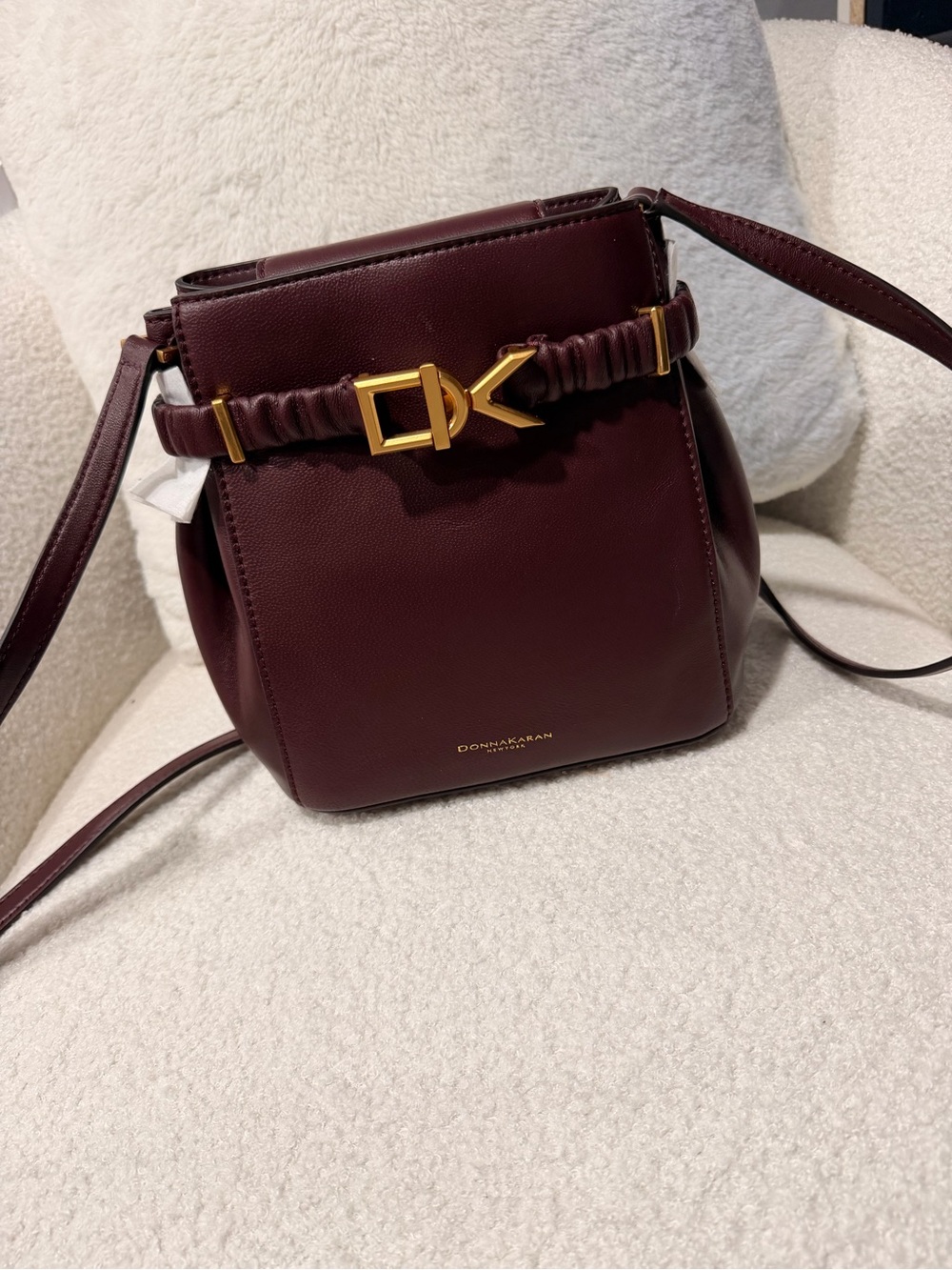 Donna Karan Burgundy Leather Crossbody with Gold DK Hardware